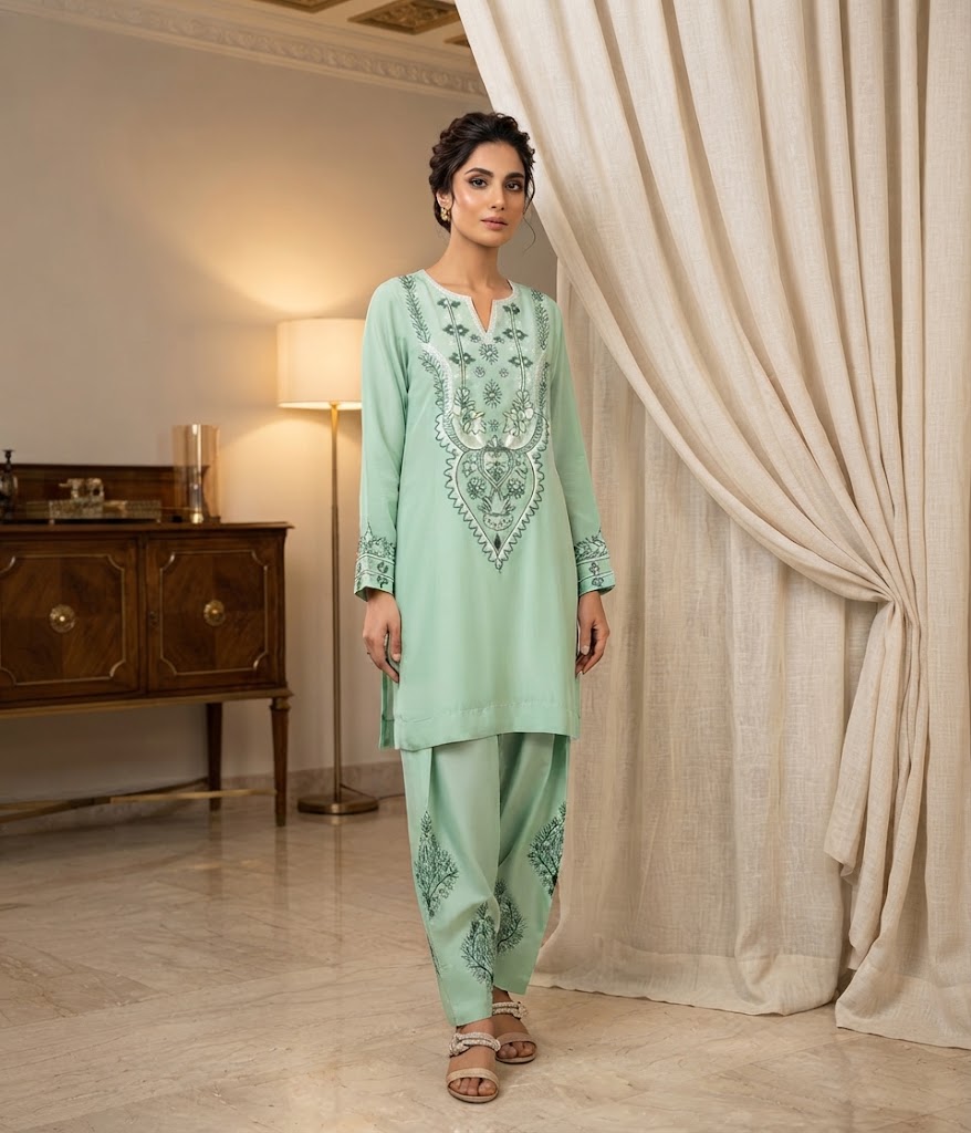 Mint Embroidered Kurti with Farshi Shalwar