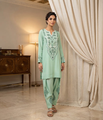 Mint Embroidered Kurti with Farshi Shalwar