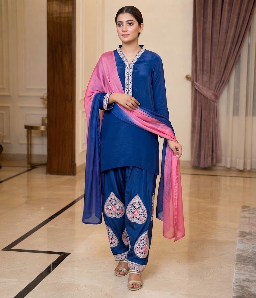 Royal Blue Embroidered Kurti with Shalwar & Pink Dupatta