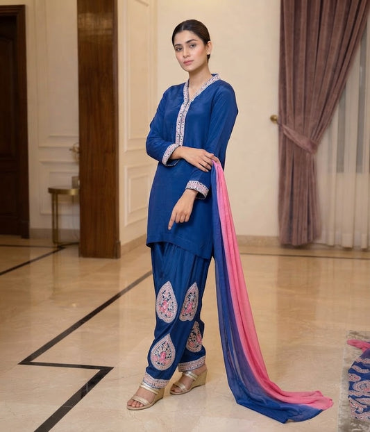Royal Blue Embroidered Kurti with Shalwar & Pink Dupatta
