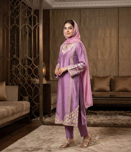 Lilac Embroidered Suit with Pink Dupatta