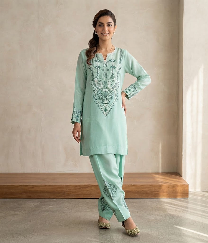 Mint Embroidered Kurti with Farshi Shalwar