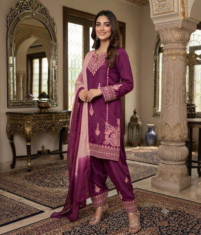 Plum Embroidered Suit with Shaded Dupatta