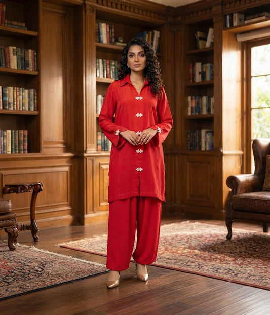 Ruby Red Georgette Co-Ord Set with Handmade Floral Buttons