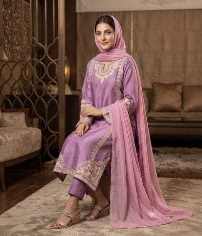 Lilac Embroidered Suit with Pink Dupatta