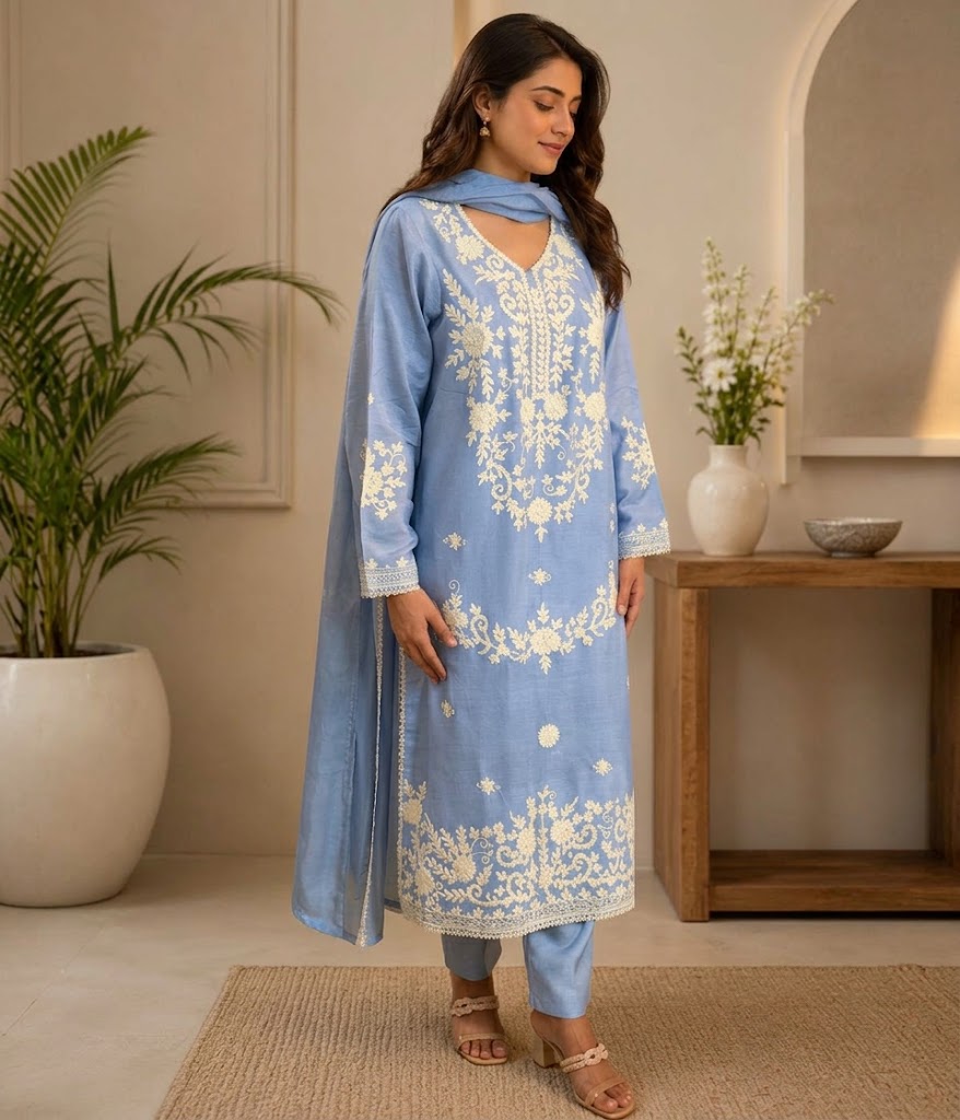 Sky Blue Heavy Embroidered Suit