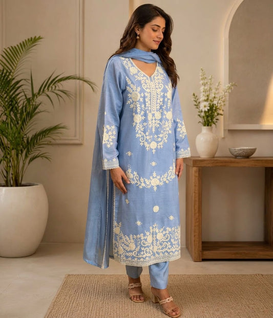 Sky Blue Heavy Embroidered Suit