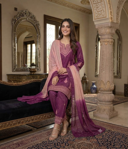 Plum Embroidered Suit with Shaded Dupatta